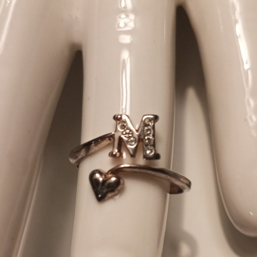 Sterling Silver Initial M and Heart Open Adjustable Ring  NWOT